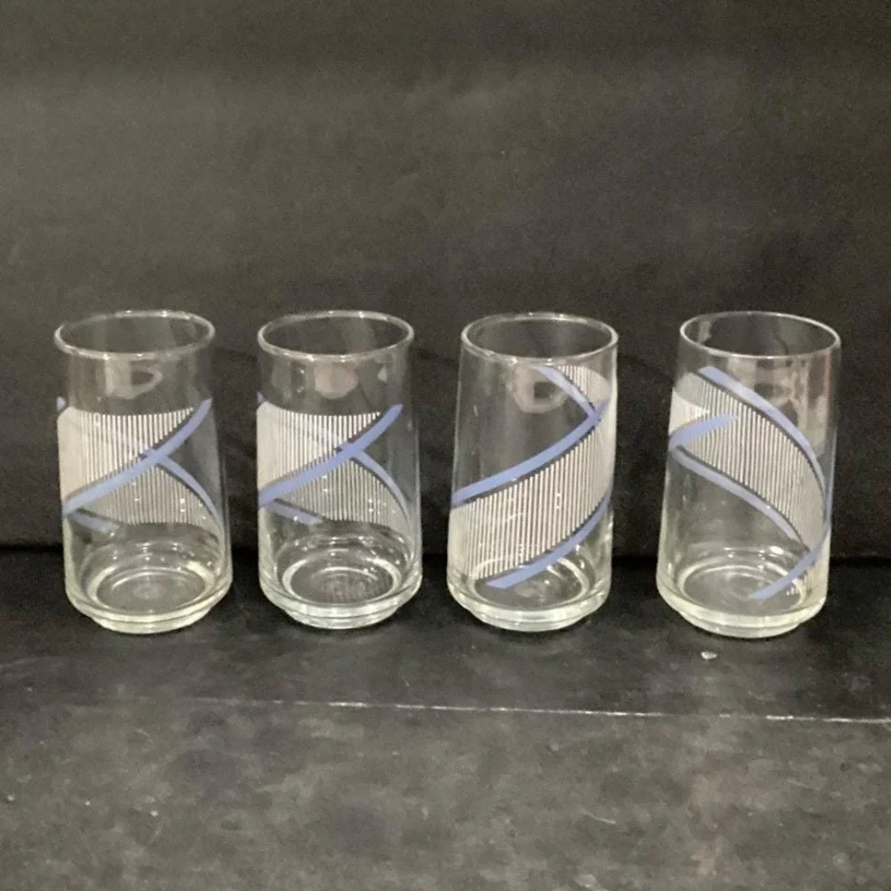 Georges Briard Style Tumblers, Set of 4, Vintage Blue Swirls & White Stripes
